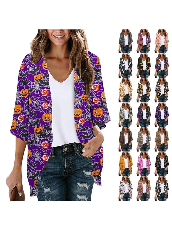 Halloween Cardigans for Women Lightweight Casual Fall 3/4 Length Sleeve Cute Funny Ghost Pumpkin Pattern Printed Open Front Cardigan Tops Loose Comfy Chiffon Kimono Blouse