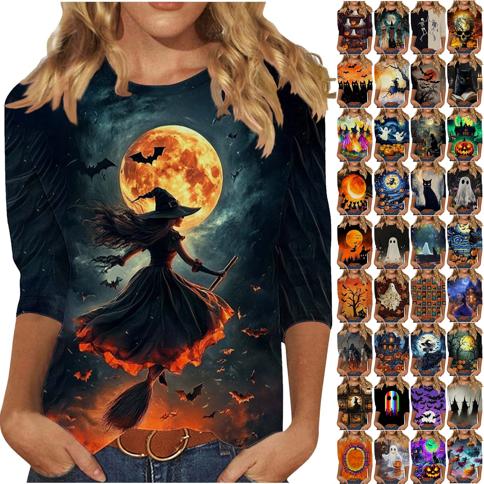 JTZGDY Halloween Shirts for Women Plus Size Dressy Casual 3/4 Length ...