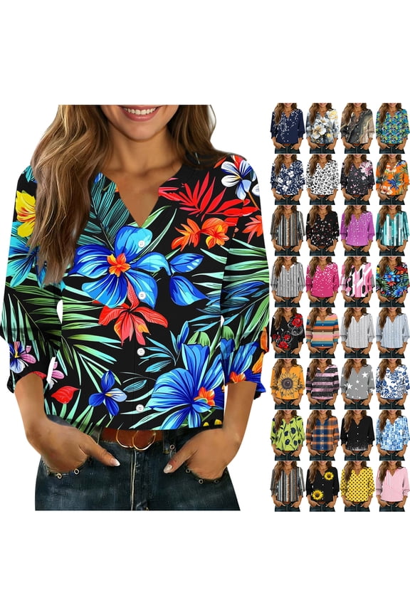 Hawaiian Shirts for Women Trendy Summer 3/4 Length Sleeve Tropical Floral Printed Button Down V Neck Graphic T-Shirts Dressy Casual Beach Blouses with Smoked Sleeves A-Blue#01 XXL