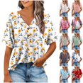 thumbnail image 1 of JTZGDY Henley Shirts for Women Cute Floral Pattern Printed Short Sleeve Button V Neck Graphic T-Shirts Loose Fit Dressy Tunic Blouse Beige XXL, 1 of 7