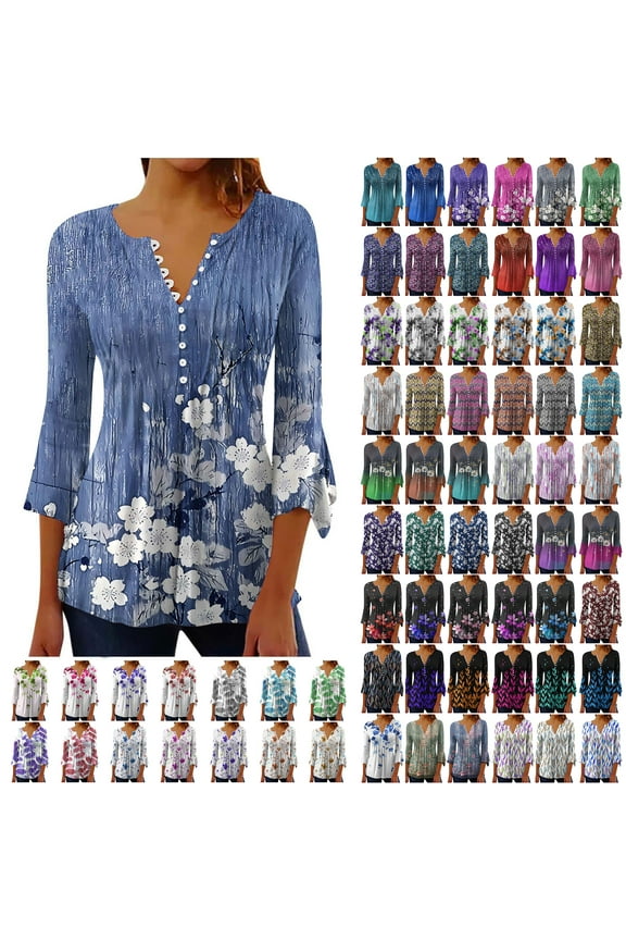 Henley Tops for Women Casual Flared 3/4 Length Sleeve Button V Neck Retro Floral Print Tunic T-Shirts Loose Flowy Cozy Pullover Blouses Brown#03 M