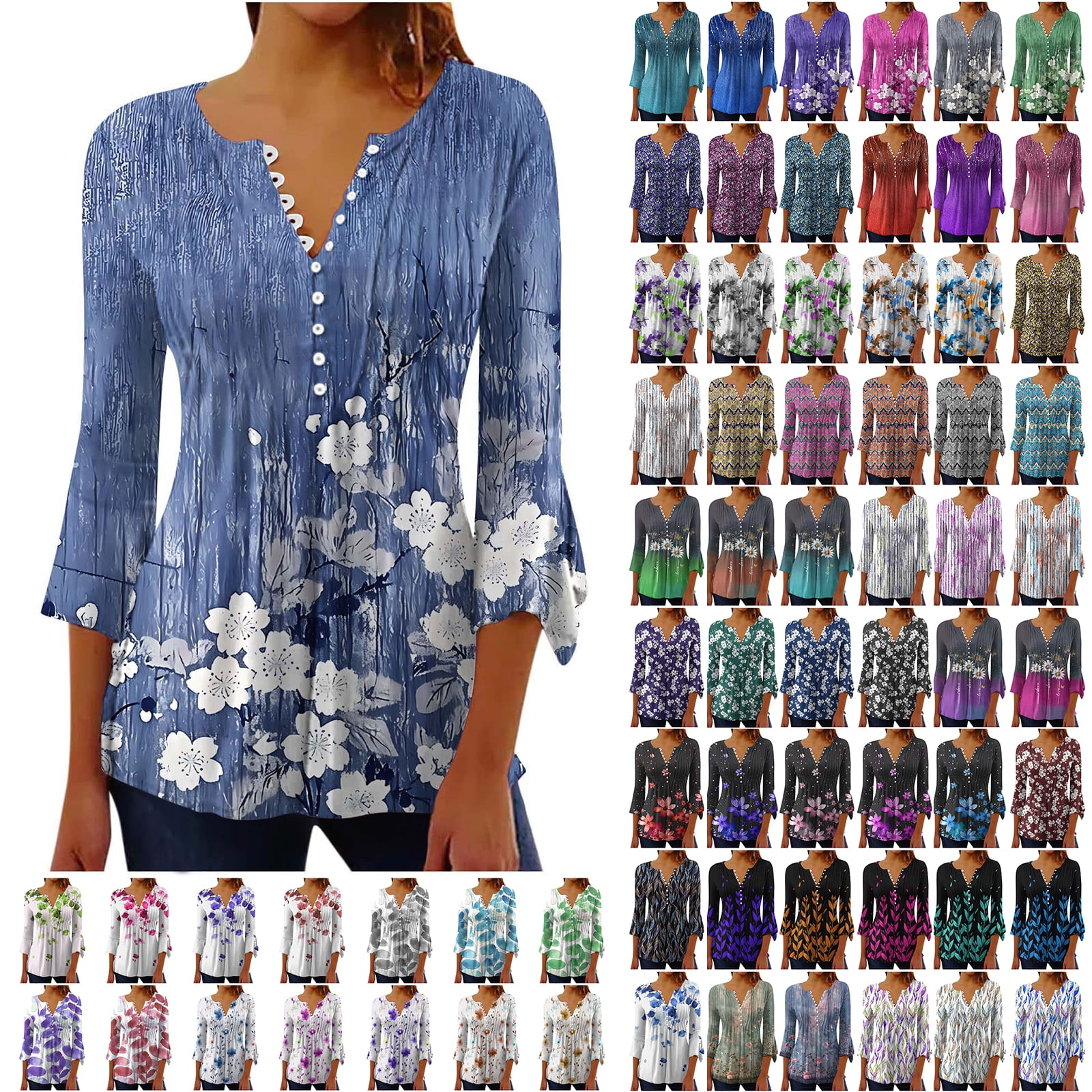 Women's Vintage Floral Print Henley Neck Sweater Top main image 1