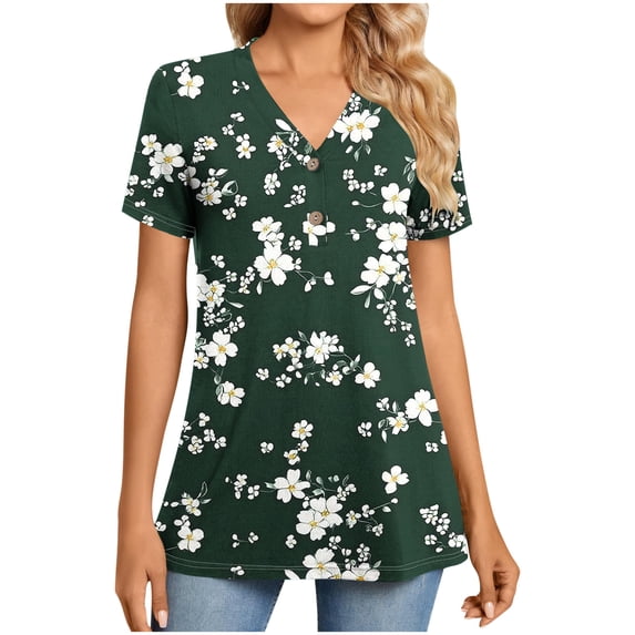 JTZGDY Henley Tops for Women Dressy Casual Summer Boho Floral Pattern Printed Short Sleeve Button V Neck Graphic T-Shirts Loose Oversized Tunic Blouse Army Green#02 S