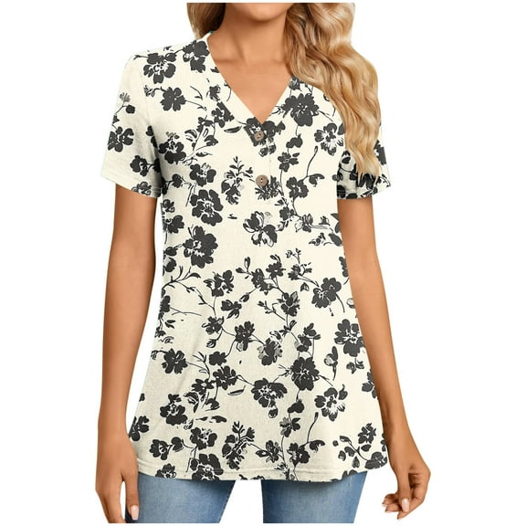 JTZGDY Henley Tops for Women Dressy Casual Summer Boho Floral Pattern Printed Short Sleeve Button V Neck Graphic T-Shirts Loose Oversized Tunic Blouse Beige#04 XXXL