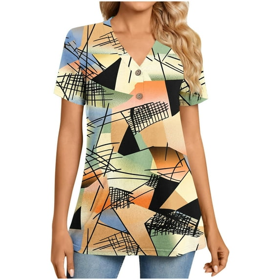 JTZGDY Henley Tops for Women Dressy Casual Summer Boho Floral Pattern Printed Short Sleeve Button V Neck Graphic T-Shirts Loose Oversized Tunic Blouse Khaki#02 XXL