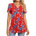 thumbnail image 1 of JTZGDY Henley Tops for Women Dressy Casual Summer Boho Floral Pattern Printed Short Sleeve Button V Neck Graphic T-Shirts Loose Oversized Tunic Blouse Red#02 XL, 1 of 7