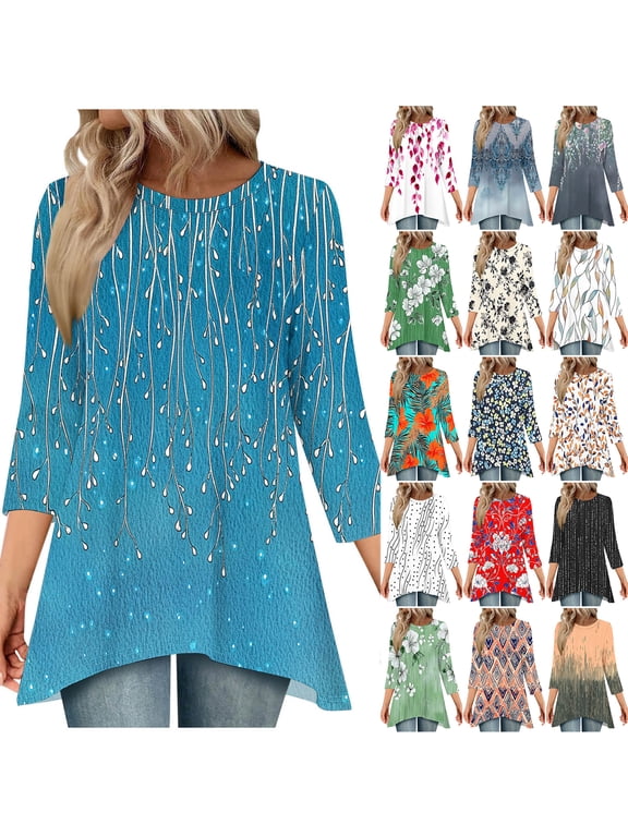 Irregular Hem Tops for Women Dressy Casual Summer Floral Printed 3/4 Length Sleeve Crewneck Flowy Tunic T-Shirts Loose Fit Pullover Blouse Gray XXL