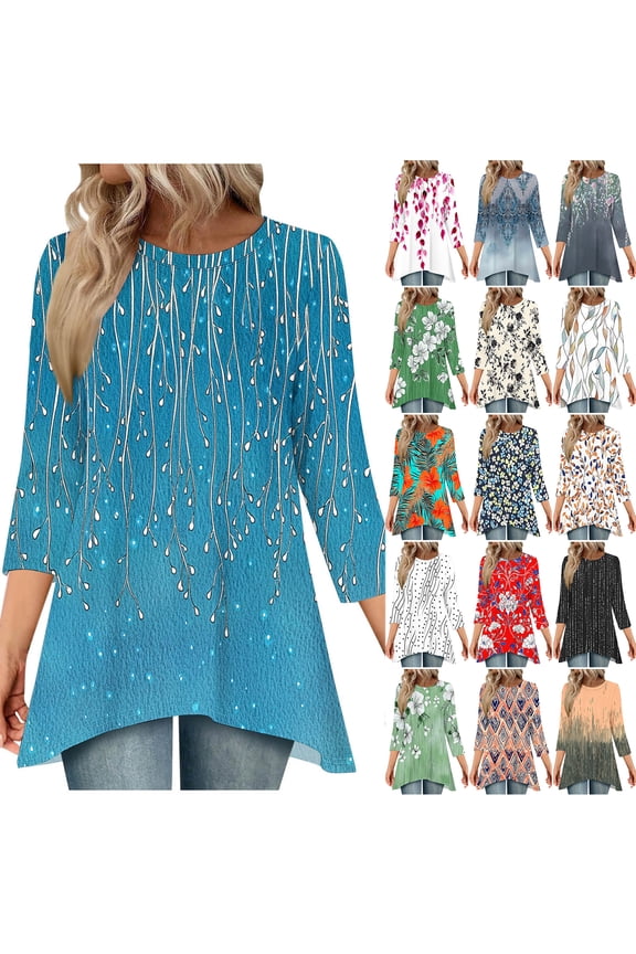 Irregular Hem Tops for Women Dressy Casual Summer Floral Printed 3/4 Length Sleeve Crewneck Flowy Tunic T-Shirts Loose Fit Pullover Blouse Gray XXL
