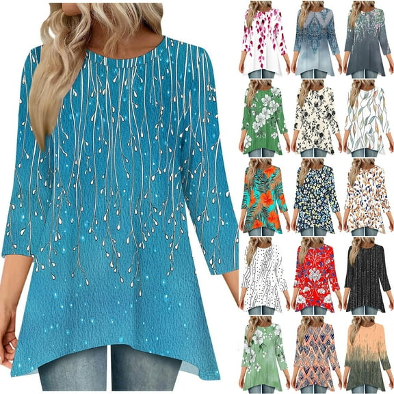 JTZGDY Irregular Hem Tops for Women Dressy Casual Summer Floral Printed 3/4 Length Sleeve Crewneck Flowy Tunic T-Shirts Loose Fit Pullover Blouse White#02 XXL