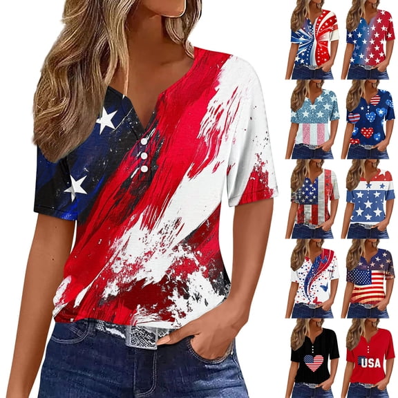JTZGDY July 4th Patriotic Tops for Women Cute Short Sleeve American Flag Printed Button V Neck Henley Shirts Summer Independence Day Holiday Gift Tunic Tees Blouse Multicolor#03 XL