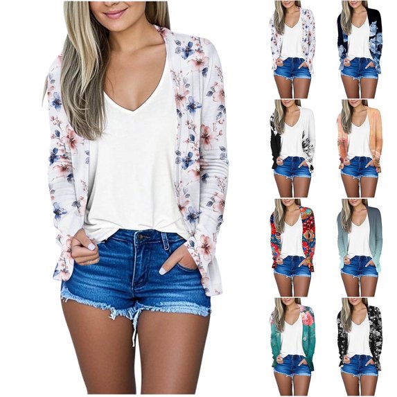 JTZGDY Lightweight Cardigans for Women Fall Long Sleeve Open Front Cardigan Tops Loose Fit Casual Floral Printed Outwear Shirts with Pockets Multicolor#06 L