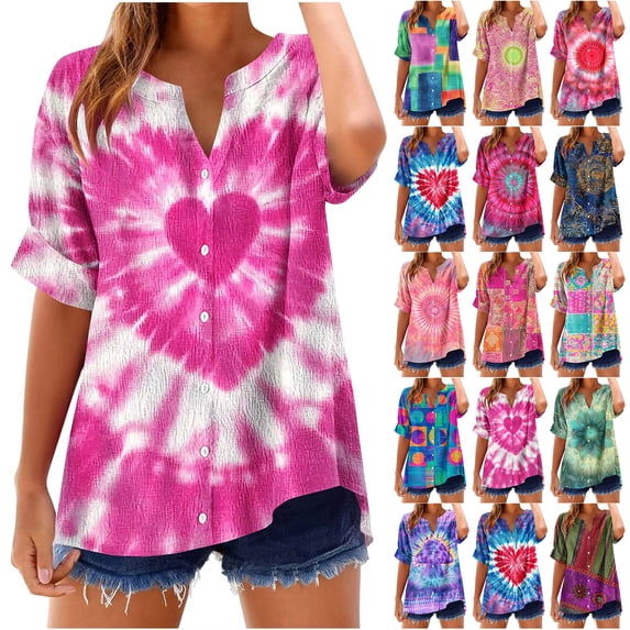 JTZGDY Linen Shirts for Women Casual Short Sleeve Tie Dye Gradient Color Print Button Down V Neck Graphic T-Shirts Trendy Bleached Beach Vacation Tees Tops Pink#07 XL