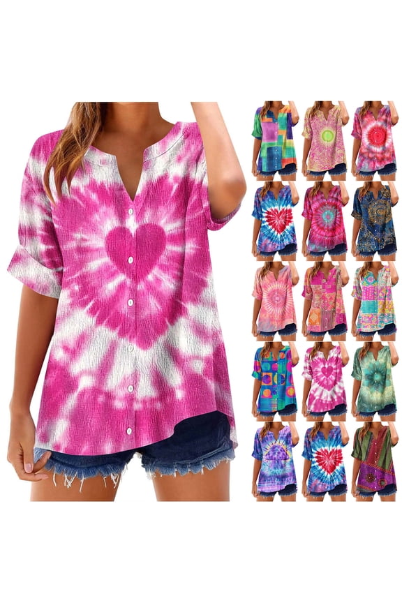 Linen Shirts for Women Casual Short Sleeve Tie Dye Gradient Color Print Button Down V Neck Graphic T-Shirts Trendy Bleached Beach Vacation Tees Tops Purple M