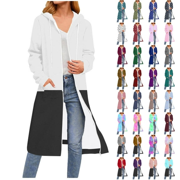 JTZGDY Long Hooded Coat for Women Fashion Polka Dot/Plaid/Striped/Tie Dye Printed Zip Up Long Sleeve Drawstring Hoodie Outwear Tops Knee Length Hoody Sweatshirt with Pockets E-Purple XL