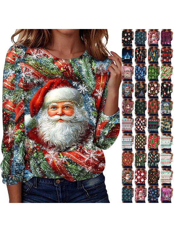 Long Sleeve Christmas Tops for Women Trendy 2026 Festive Sweatshirts Cute Xmas Graphic Holiday Tees Shirt Loose Lightweight Casual Tunic Blouse