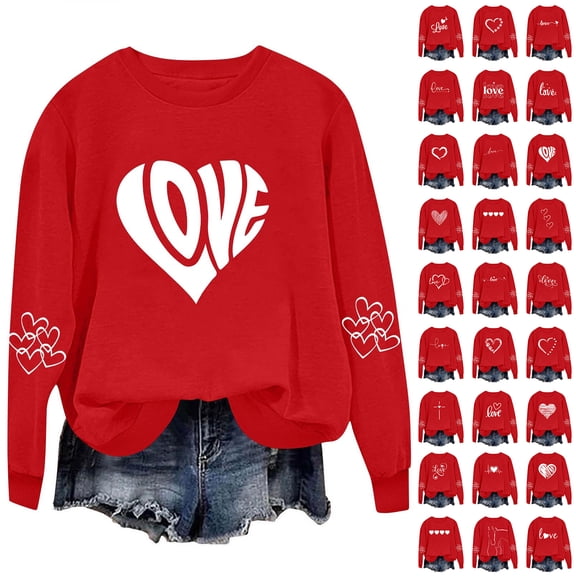 JTZGDY Long Sleeve Red Sweatshirts for Women Valentines Day Heart Pattern Print Crewneck Pullover Tops Loose Lightweight Casual Graphic Holiday T-Shirts Red#21 S