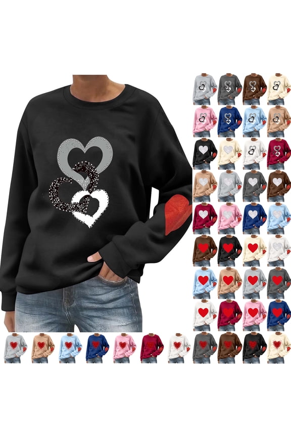 Long Sleeve Shirts for Women Valentines Day Heart Pattern Print Crewneck Pullover Sweatshirts Trendy Holiday Graphic T-Shirts Loose Cozy Tunic Blouse with Elbow Patches C-Navy XL