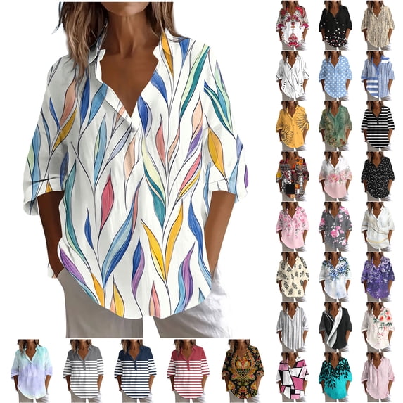 JTZGDY Long Sleeve Womens Fall Tops Loose Fit V Neck Button Down Graphic Tshirt Blouses Dressy Casual Elegant Tunics Collared Work Shirts Blue#03 XXXL