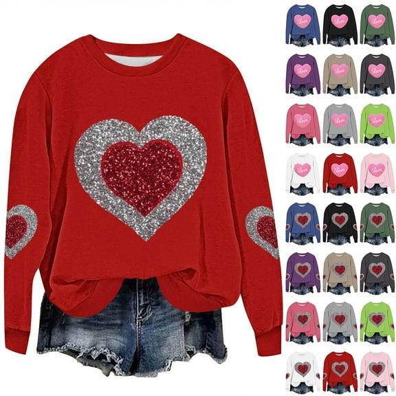 JTZGDY Love Heart Print Sweatshirts for Women Fashion 2026 Valentines Day Long Sleeve Crewneck Pullover Tops Trendy Oversized Graphic T-Shirts B-Gray L