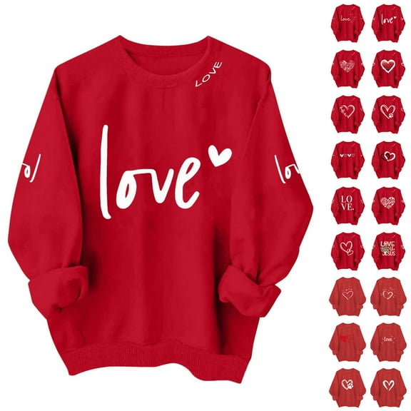 JTZGDY Love Shirts for Women Red Valentines Day Long Sleeve Crewneck Cute Heart Graphic Holiday T-Shirts Loose Fit Casual Pullover Sweatshirts Lightweight Cotton Blouses Red#04 S