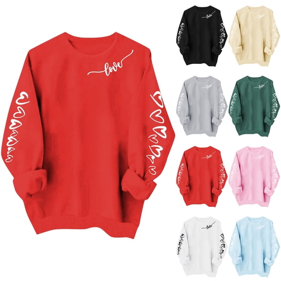 JTZGDY Lover Shirts for Women Funny Heart Pattern Print Long Sleeve Valentines Day Pullover Sweatshirts Loose Oversized Casual Graphic Holiday T-Shirts Tops Red XS