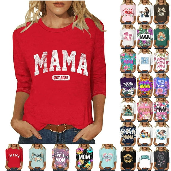 JTZGDY Mama Shirts for Women Cute 3/4 Length Sleeve Printed Crew Neck Basic Tunic Tees Blouses Trendy Oversized Comfy Holiday Gift T-Shirts Lightweight Pullover Tops Purple#01 L