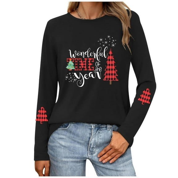 JTZGDY Merry Christmas Sweatshirts for Women Funny Xmas Tree Santa Claus Print Long Sleeve Holiday Season Pullover Tops Loose Oversized Casual Graphic T-Shirts Red#01 M