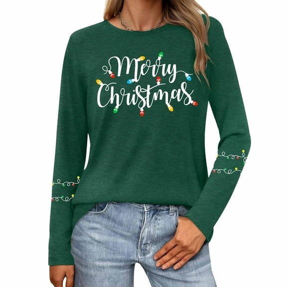 JTZGDY Merry Christmas Sweatshirts for Women Funny Xmas Tree Santa Claus Print Long Sleeve Holiday Season Pullover Tops Loose Oversized Casual Graphic T-Shirts Green#02 XL