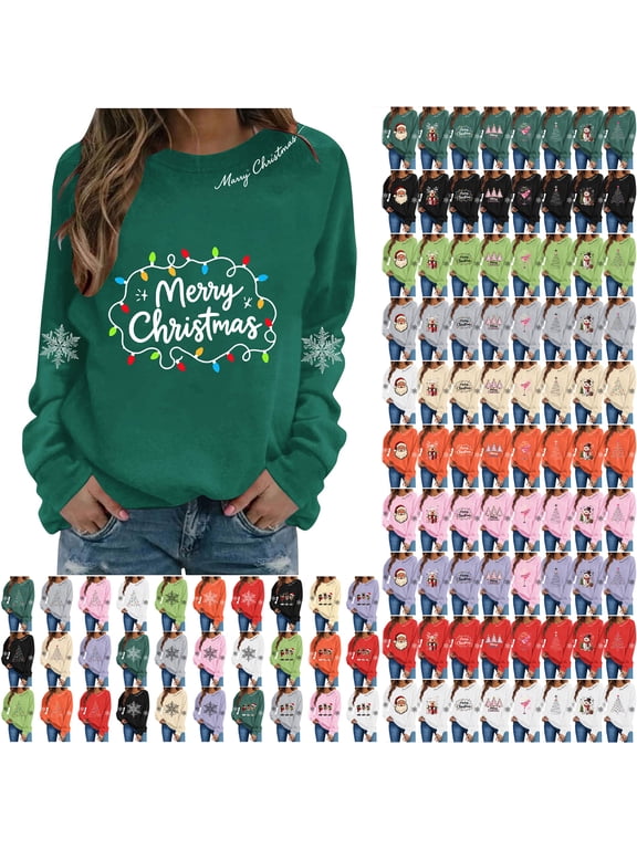 Merry Christmas Sweatshirts for Women Trendy 2026 Long Sleeve Fashion Xmas Printed Crewneck Pullover Tops Loose Lightweight Comfy Graphic Holiday T-Shirts