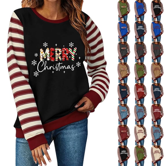 JTZGDY Merry Christmas Womens Crewneck Sweatshirts Casual Striped Patchwork Long Sleeve Xmas Graphic Tees Shirts Loose Fit Comfy Pullover Tops Trendy 2026 Holiday Outfit Clothes