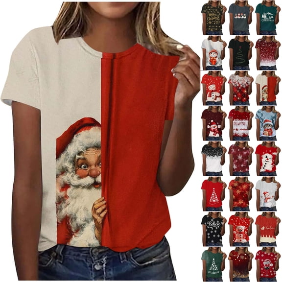 JTZGDY Merry Christmas Womens Tops Fashion Short Sleeve Xmas Tree Snowman Novelty Printed Crew Neck Graphic T-Shirts Trendy Cozy Holiday Vacation Tunic Tees Blouse
