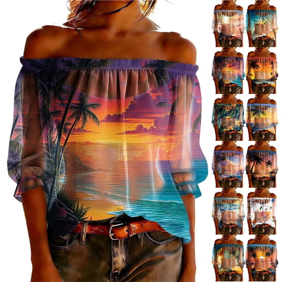JTZGDY Mesh See Through Off the Shoulder Tops for Women Fashion Summer Tropical Palm Tree Printed Puff Short Sleeve Sheer Tunic Blouse Trendy Holiday Beach Vacation Outfit Tees Shirt