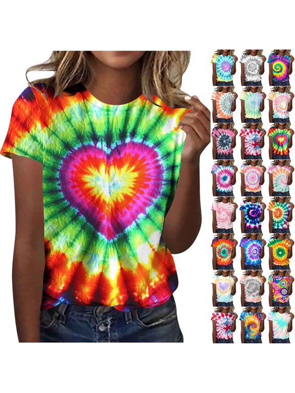 Ombre Shirts for Women Fashion Summer Short Sleeve Crewneck Tie Dye Gradient Color Printed Tunic Blouse Loose Fit Casual Dressy Graphic Tees Tops Yellow#02 XXXL