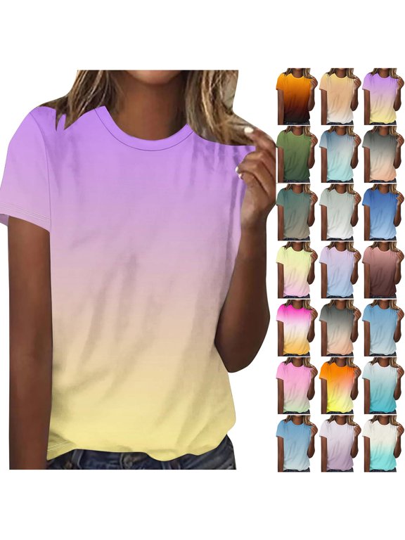 Ombre T-Shirts for Women Plus Size Casual Summer Short Sleeve Tie Dye Gradient Color Printed Crew Neck Graphic Tees Tops Loose Oversized Casual Tunic Blouse Sky Blue#01 XXL