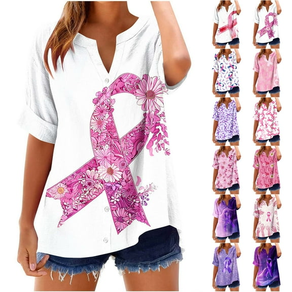 JTZGDY Pink Ribbon Shirts for Women Loose Lightweight Casual Cotton Linen Breast Cancer Awareness Tshirts Short Sleeve Button Down V Neck Graphic Tee Shirt Tops Pink#05 M