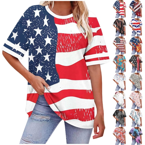 JTZGDY Plus Size American Flag Shirt Women 4th of July Tee Shirt USA Stars Stripes Holiday T-Shirt Trendy Short Sleeve Oversized Patriotic Summer Tunic Tops Multicolor#06 XXXXXL