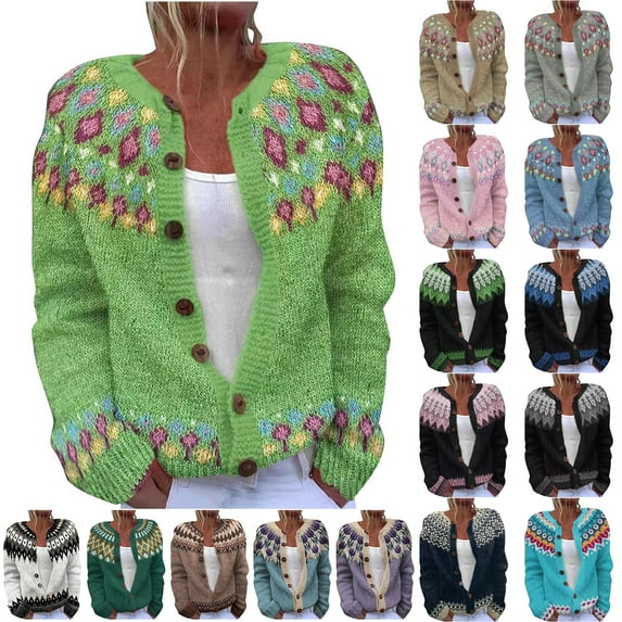 JTZGDY Plus Size Cardigan Sweater Tops for Women Fall Winter Vintage Floral Printed Long Sleeve Button Down Cable Knitted Pullover Sweater Ethnic Style Thick Warm Outfit Clothes Blue L