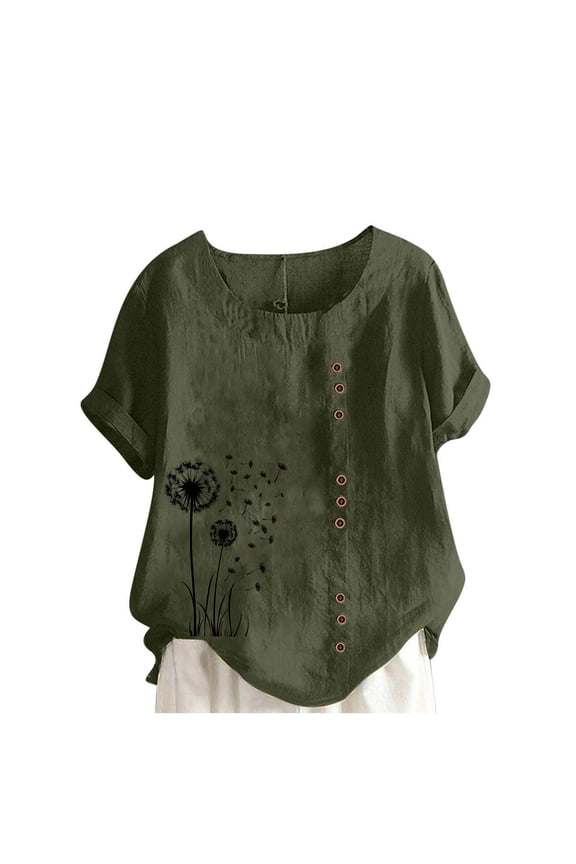 Plus Size Cotton Linen Tops for Women Summer Short Sleeve Boho Embroidered Floral Print Shirts Round Neck Casual Oversized Tunic Blouse Army Green L