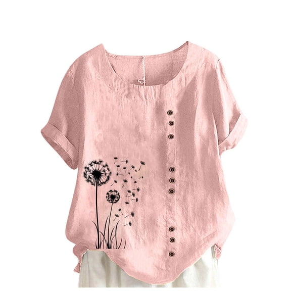 JTZGDY Plus Size Cotton Linen Tops for Women Summer Short Sleeve Boho Embroidered Floral Print Shirts Round Neck Casual Oversized Tunic Blouse Pink XL
