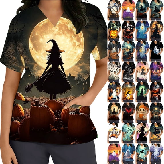 JTZGDY Plus Size Halloween Scrub Tops Women Funny Ghost Pumpkin Bats Printed Nurse Uniform Short Sleeve Scrub V Neck Shirt with Pockets