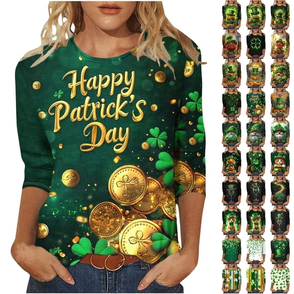 JTZGDY Plus Size St. Patrick's Day Tops for Women Dressy Casual Green Shamrock Clover Pattern Print 3/4 Sleeve Crewneck Tunic Shirts Loose Oversized Comfy Holiday Outfit Tees Blouse