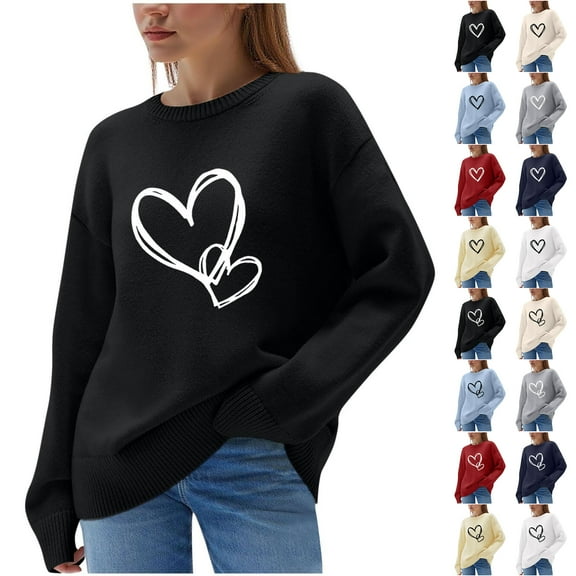 JTZGDY Plus Size Sweaters for Women Fashion Heart Pattern Print Long Sleeve Cable Knit Round Neck Pullover Tops Trendy Cozy Knitwear Shirts A-Gray XXL