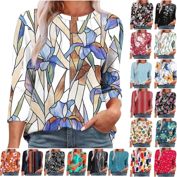 JTZGDY Plus Size Tops for Women Dressy Casual 3/4 Lenght Sleeve Floral Pattern Graphic T-Shirts Loose Oversized Ruched Pleated Crewneck Tunic Blouse Black#01 S