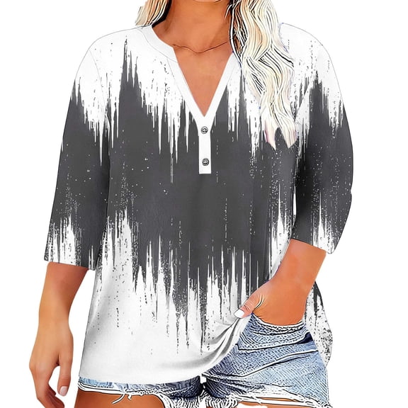 JTZGDY Plus Size Tops for Women Trendy 3/4 Length Sleeve Button V Neck Henley Shirts Loose Oversized Casual Floral Pattern Graphic Tunic T-Shirts Blouse D-Dark Gray#08 XXXXL