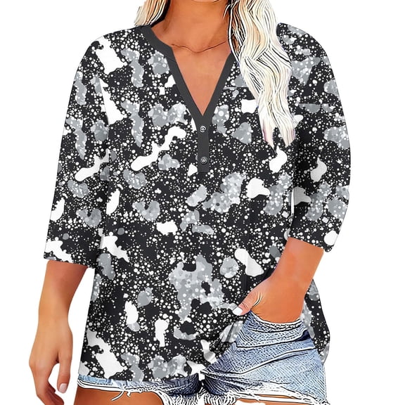 JTZGDY Plus Size Tops for Women Trendy 3/4 Length Sleeve Button V Neck Henley Shirts Loose Oversized Casual Floral Pattern Graphic Tunic T-Shirts Blouse D-Dark Gray#01 XXXXL