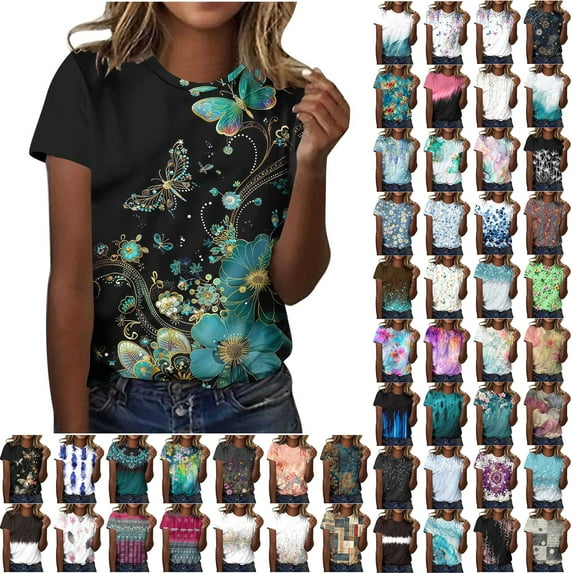 JTZGDY Plus Size Tops for Women Vintage Floral Printed Summer Short Sleeve Basic Crewneck Graphic T-Shirts Loose Oversized Dressy Casual Tunic Blouse Multicolor#51 XXXL