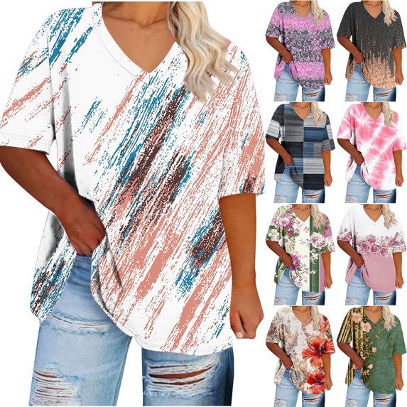 JTZGDY Plus Size Tops for Women Summer Short Sleeve V Neck Floral Pattern Graphic Tunic T-Shirts Loose Oversized Baggy Pullover Blouse Navy L