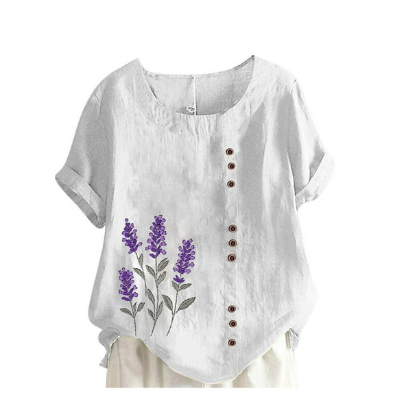 JTZGDY Plus Size Women Cotton and Linen Shirts Loose Lightweight Casual Floral Printed Summer Short Sleeve Oversized Crewneck Graphic T-Shirts Button Decor Blouse White XXXXL