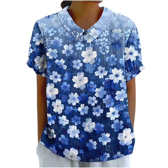 JTZGDY Plus Size Women Linen Shirts Dressy Casual Floral Printed Summer Short Sleeve Oversized Lapel Collared Round Neck Graphic T-Shirts Top Loose Fit Business Work Tunic Blouse Multicolor#55 XXL