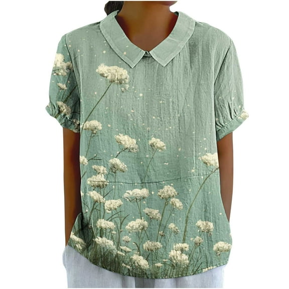 JTZGDY Plus Size Women Linen Shirts Dressy Casual Floral Printed Summer Short Sleeve Oversized Lapel Collared Round Neck Graphic T-Shirts Top Loose Fit Business Work Tunic Blouse Multicolor#37 XXXXL